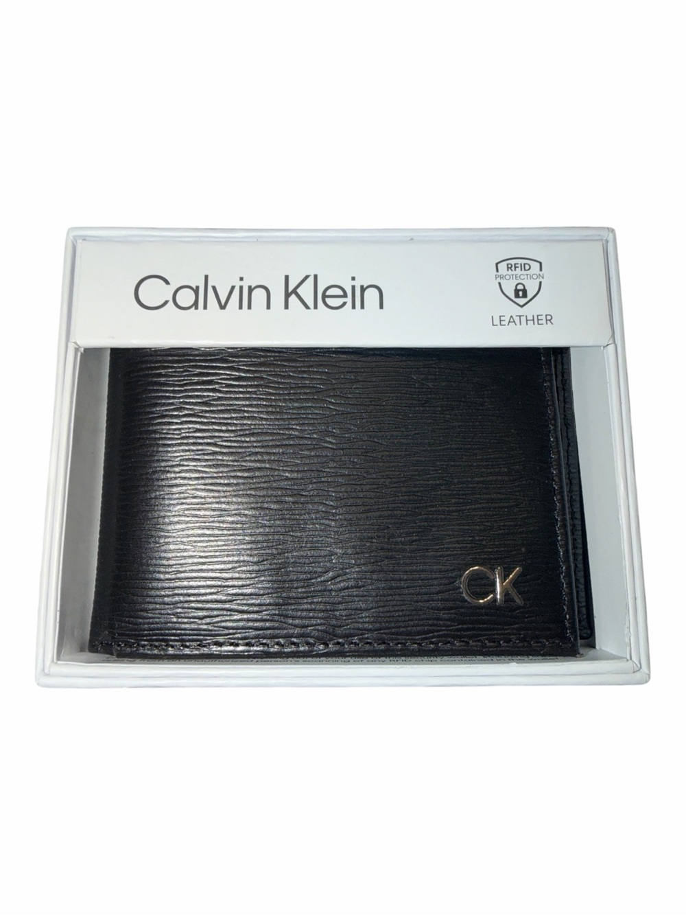 NWT Calvin Klein Men’s Genuine Leather RFID Ripple Texture Bifold Wallet Box